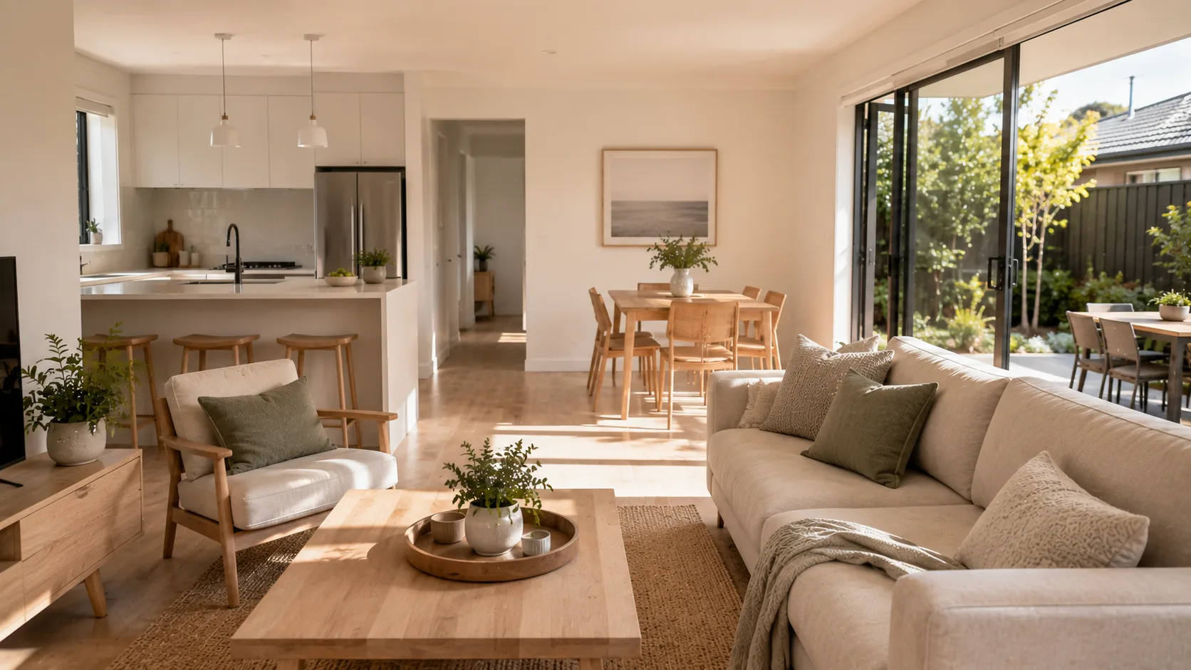 A calm, clean Melbourne home with a tidy kitchen and living area