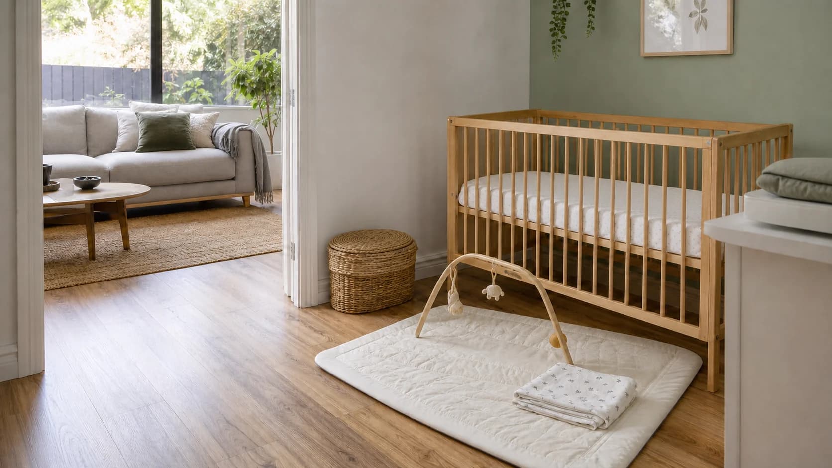 A clean baby's room connected to a family living area, with clear timber floors, a cot and a play mat.
