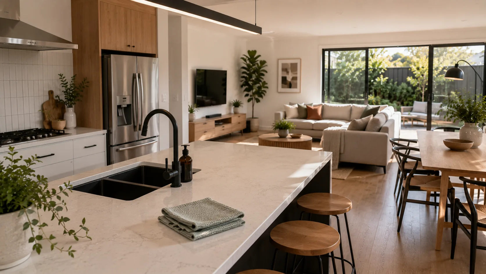 A clean kitchen and living space ready for recurring home cleaning