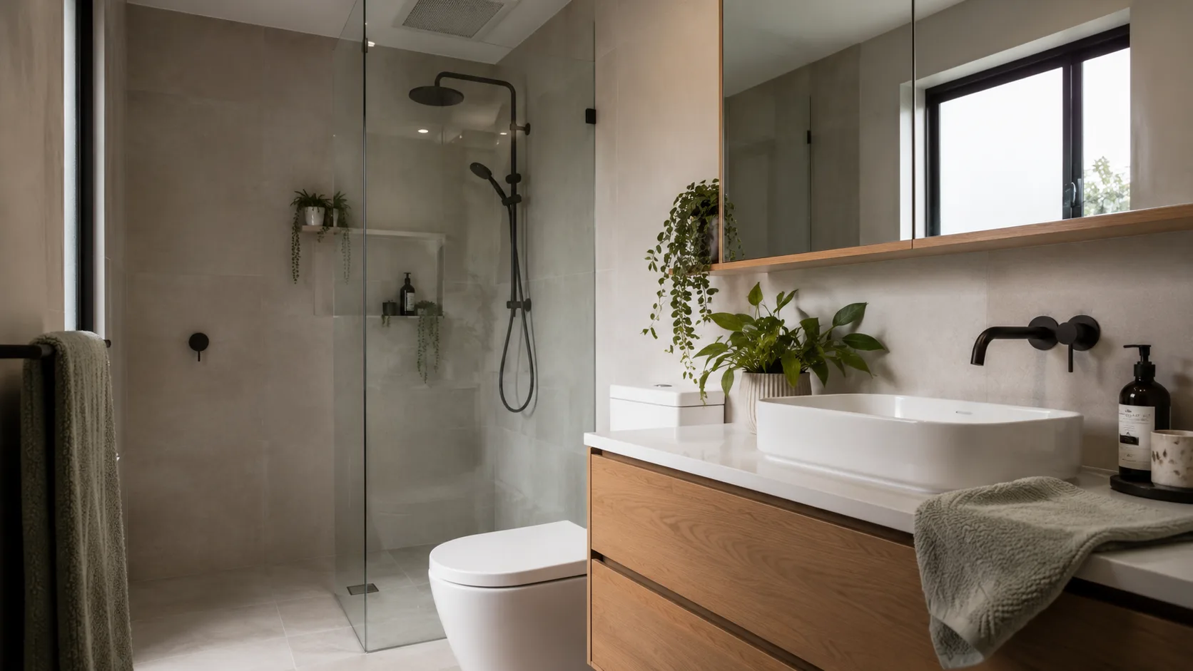 A clean bathroom with fresh towels and soft natural light after a shower