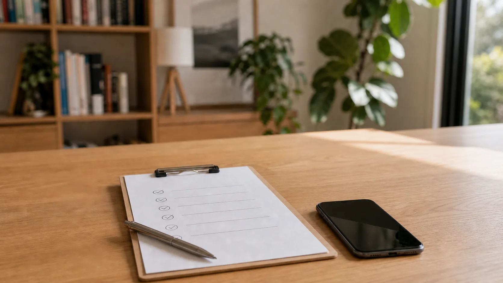 A checklist and phone used to compare regular home cleaning companies in Melbourne