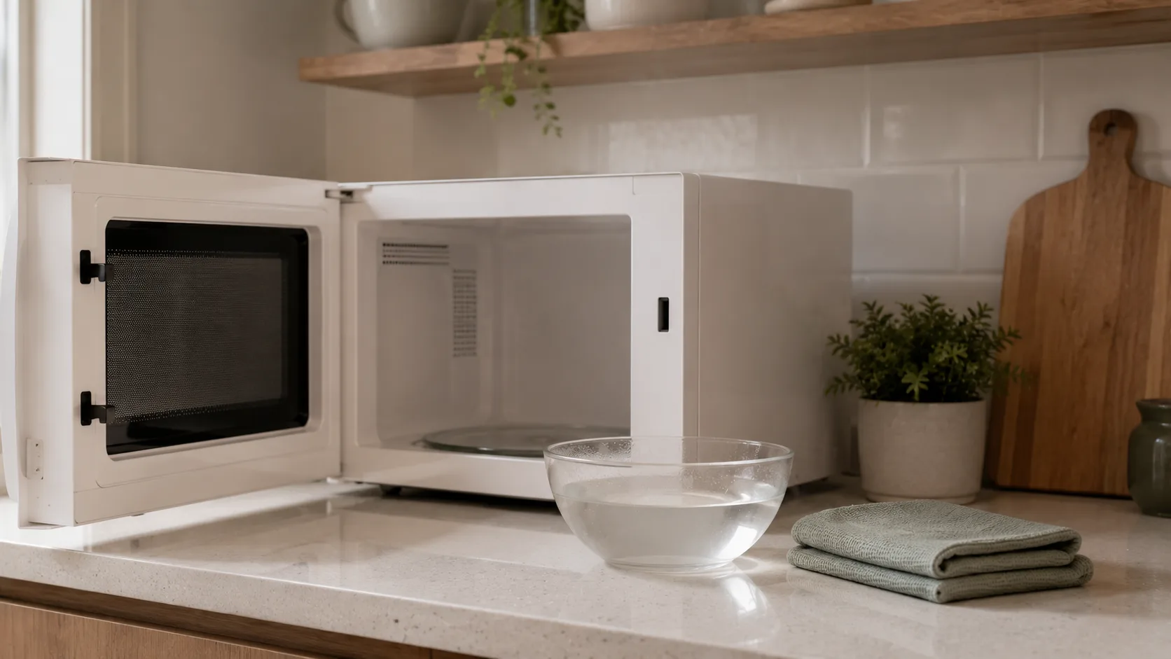 A clean open microwave with a cloth and bowl ready for gentle cleaning