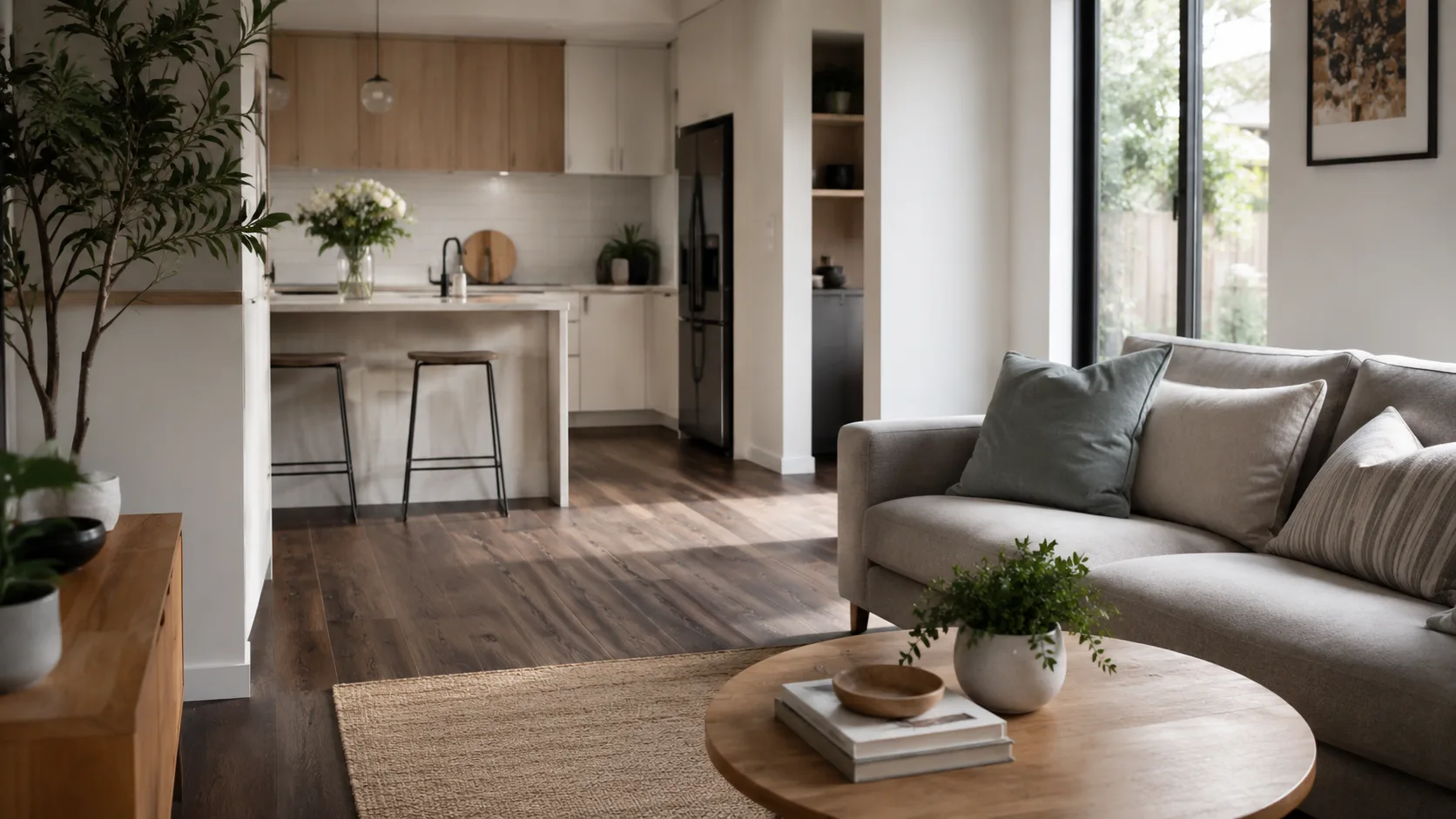 A calm open-plan home kept clean through regular home cleaning