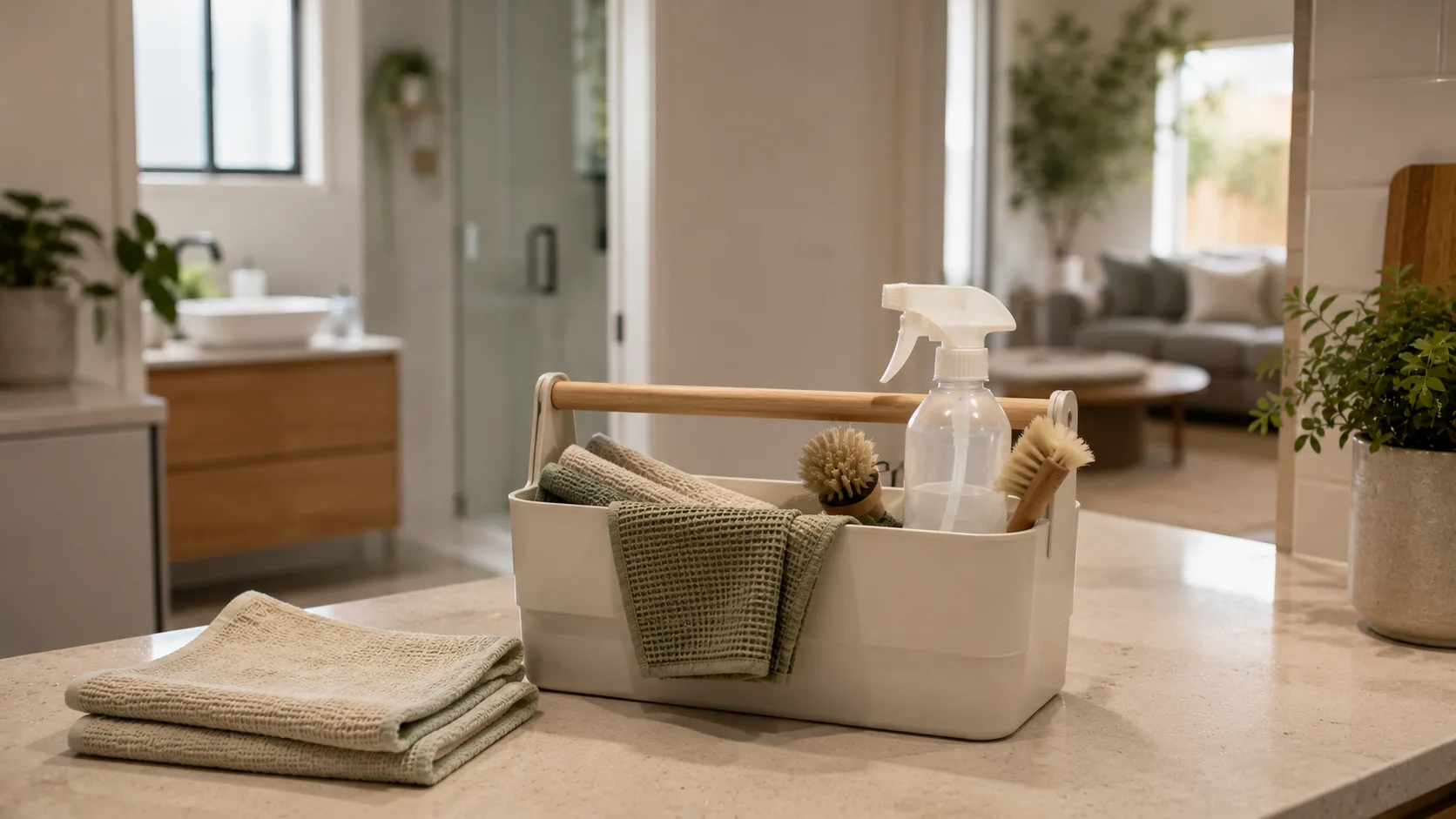 A cleaning caddy with cloths and brushes for a regular home clean