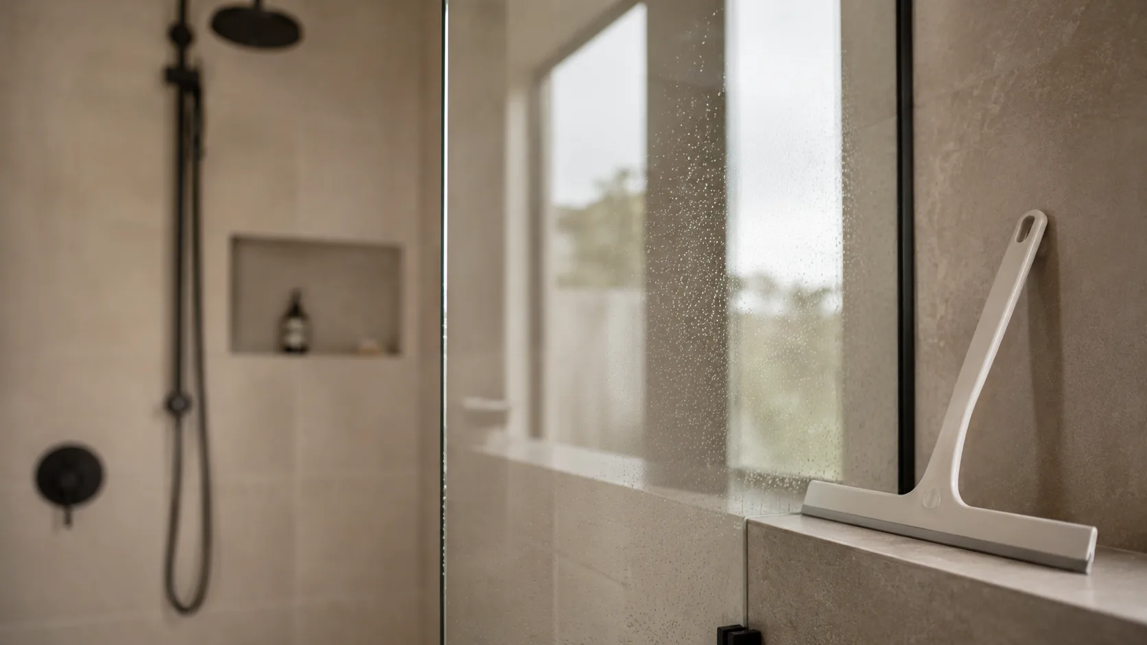 A squeegee and cloth used to keep shower glass clear of soap scum