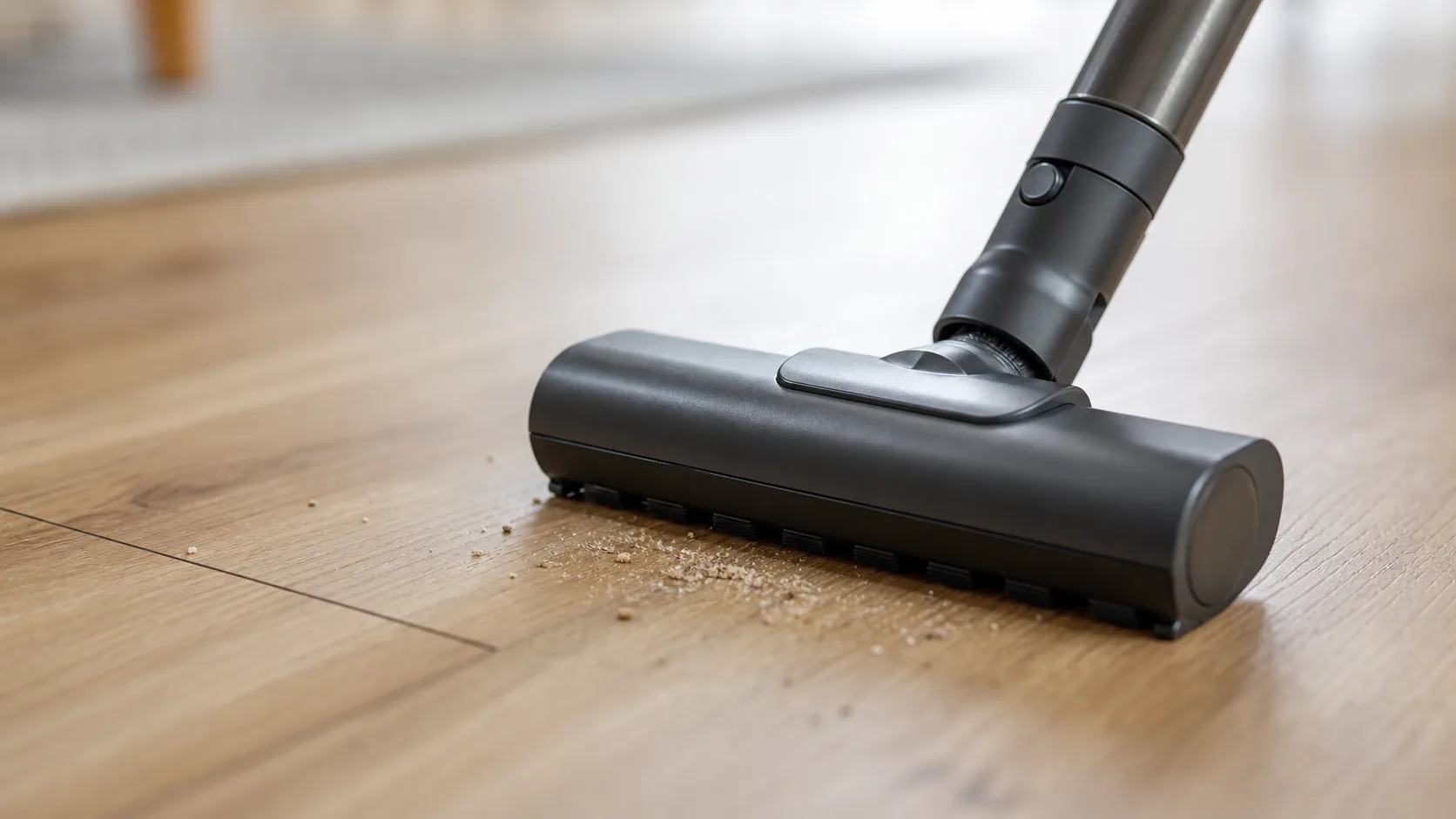 A vacuum cleaning crumbs from a timber floor during a weekly home clean